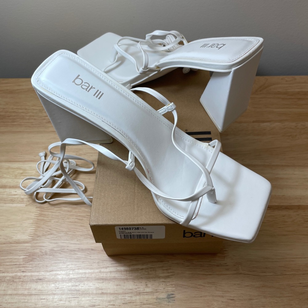 Bar‎ III Aurora White Square Toe Lace Up Block Heel Sandals Women 10M